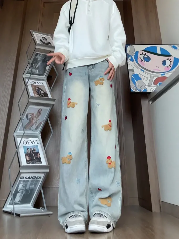 

Мужские джинсы прямого кроя с вышивкой милой собачки, высокая талия, смесь хлопка, широкие брюки Cleanfit, уличный стиль, расклешенные штанины