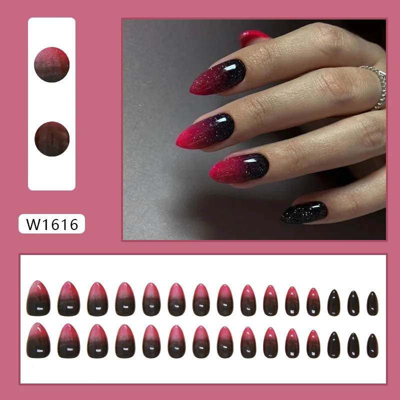 24 pçs rosa preto gradiente imprensa em unhas médio curto unhas falsas para belas colagem amêndoas adesivo acrílico arte do prego inverno