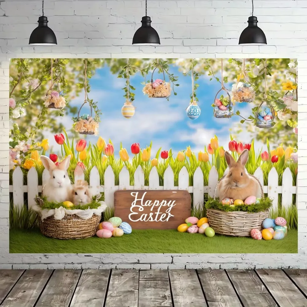 Spring Easter Grassland Fence Rabbit Theme Banner Background, Children's Birthday Party, Home Decoration Photography Background