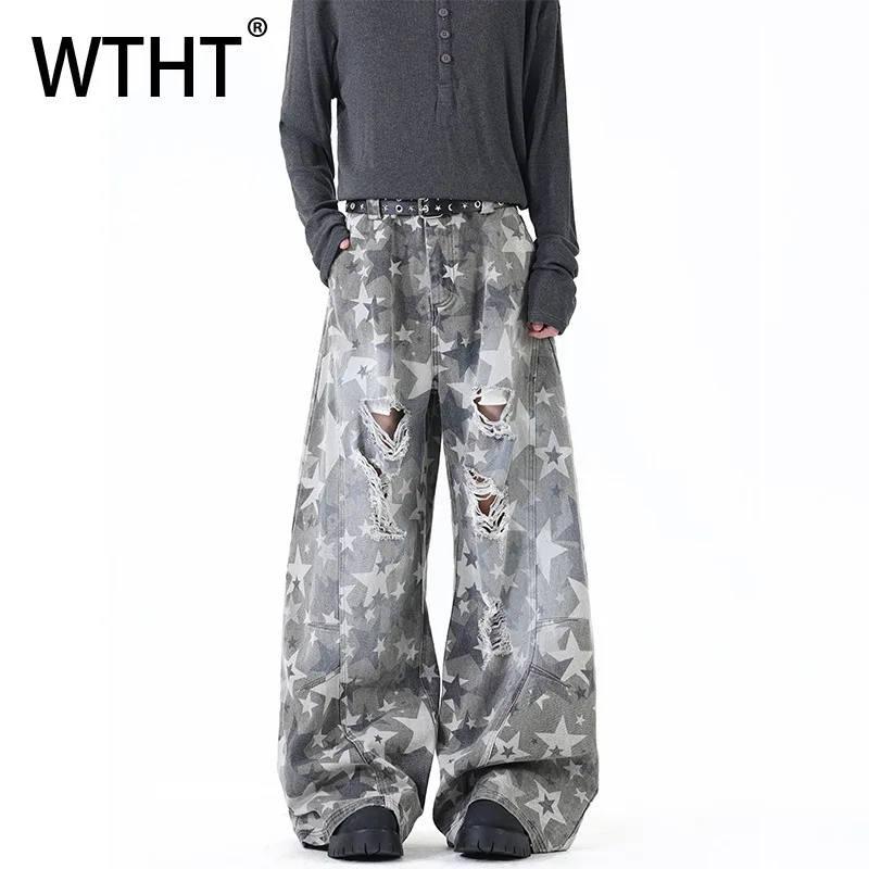 

WTHT винтажные новые осенние мужские камуфляжные старые джинсовые брюки 2025 года, модные прямые свободные джинсы с высокой талией, мужские 2A1735