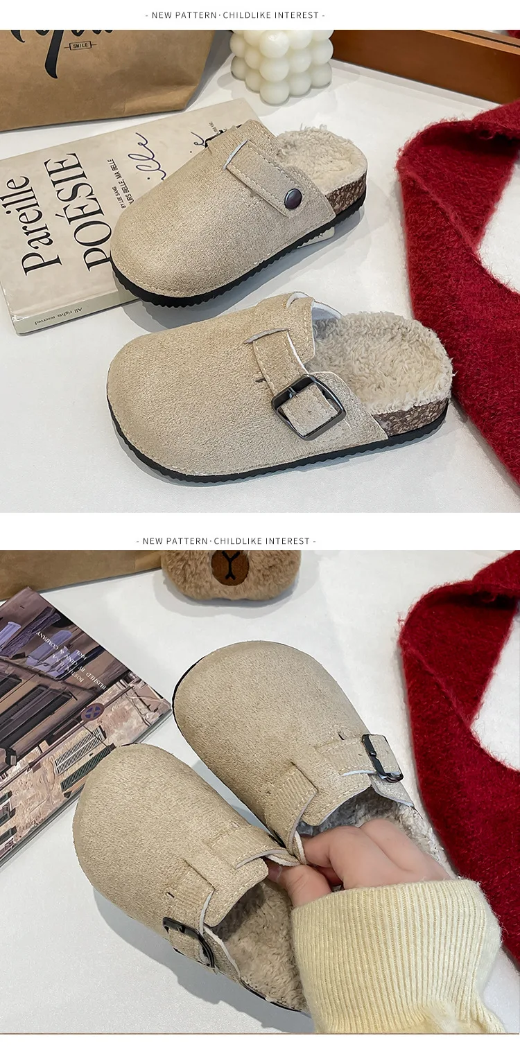 2023 Jungen Mädchen Winter Warme Plüsch Kork Fußbett Pelz Clogs Hausschuhe Dame Pelzigen Haus Wohnungen Baumwolle Hausschuhe – Detail 11