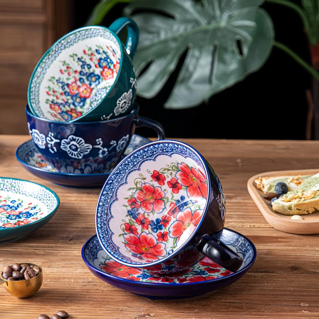 Bohemian Ceramic Mug Set - 13.5oz Cup with Dessert Plate, Fun Gift for All.
