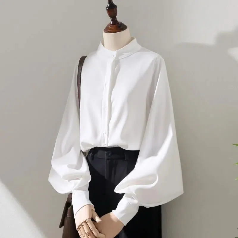 

GIDYQ Elegant Women Shirts Loose Korean Lantern Sleeve Office Lady Casual Blouse Fashion Button Stand Collar All Match Top New