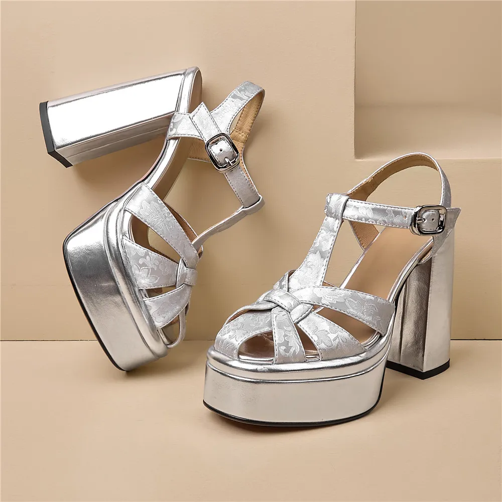 Aucegi Summer Apricot Silver Women Embossed Leather Sandals Round Toe Platform Square High Heels Fashion Career Dress Shoes