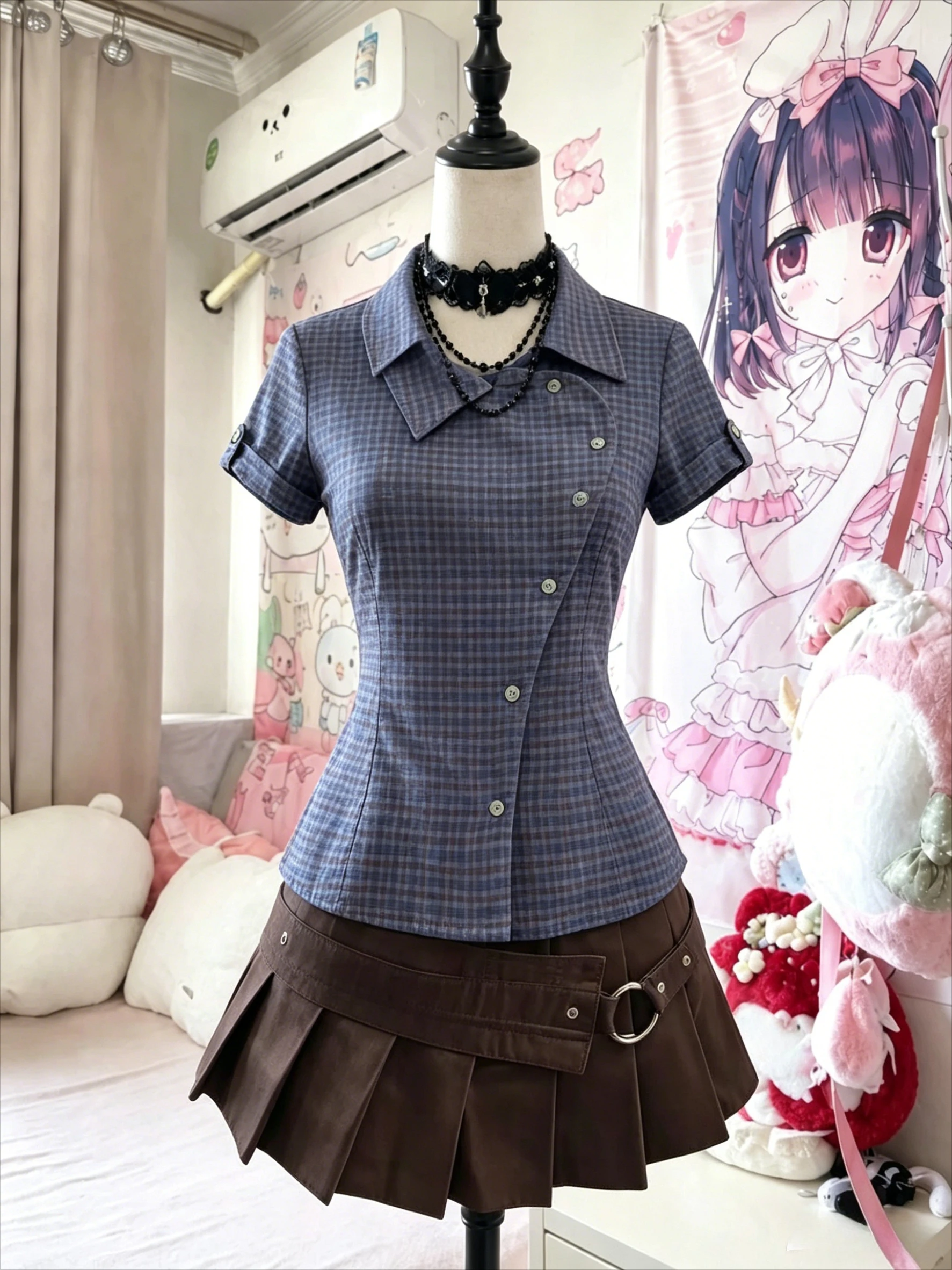 Hot Girl Summer Y2K Harajuku Retro Sweet Two Piece Set Women's Clothes Fashion Plaid Short Sleeve Shirt High Waist Pleated Skirt image 6
