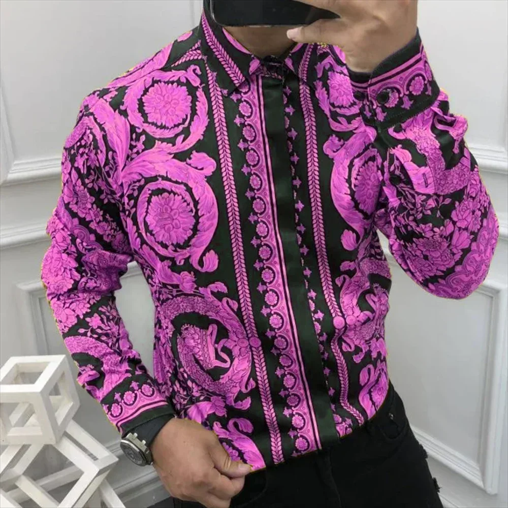 Venda quente 2024 nova camisa de manga comprida masculina com impressão social 3d, moda luxo floral casual street wear, mais si