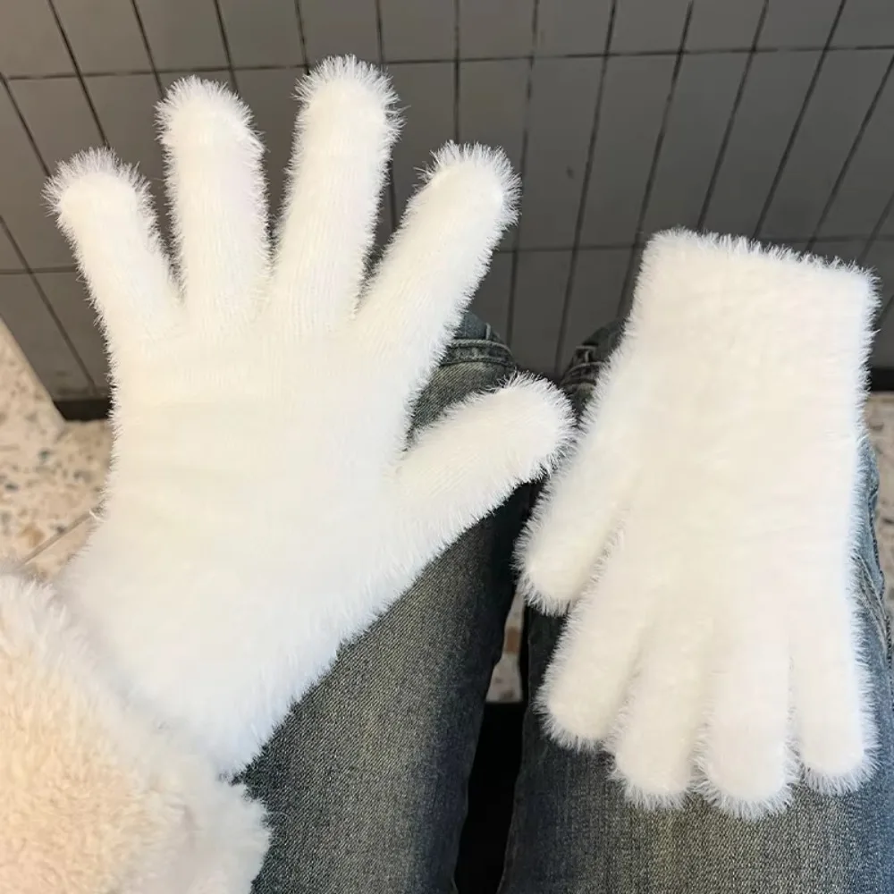 Cute Thickened Furry Gloves Solid Color Warm Five Finger Gloves Breathable Windproof Winter Gloves Men Women