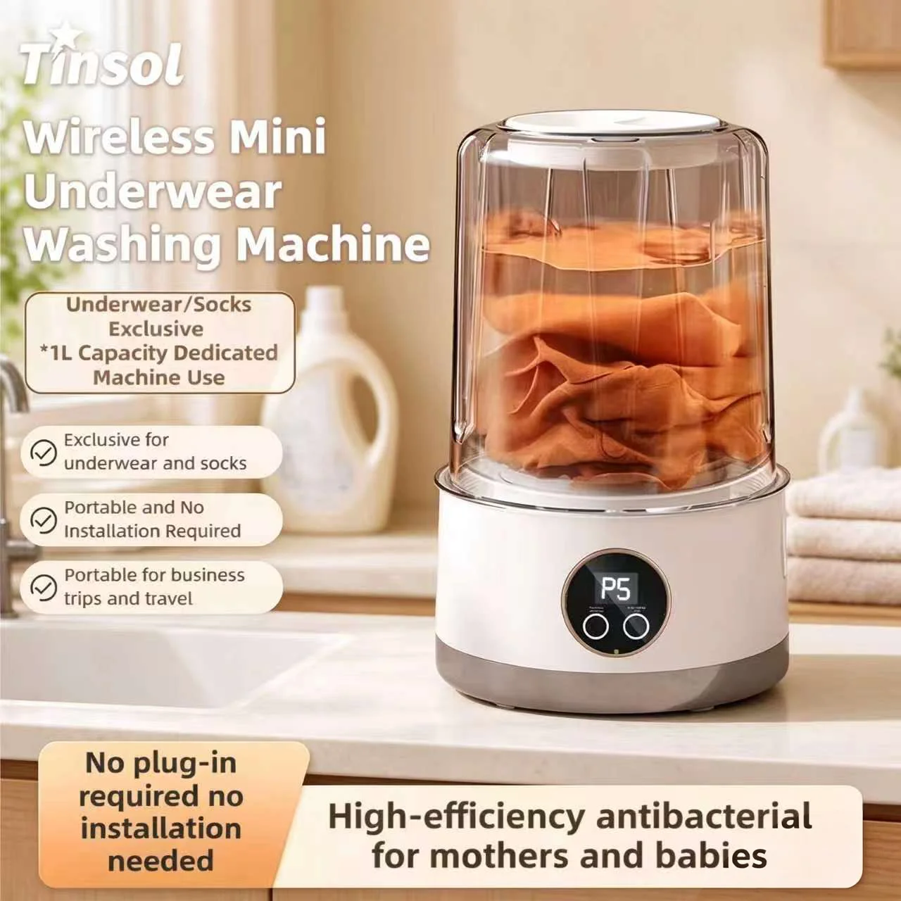 1L Portable Washing Machine  Mini Washing Machine USB-Charged 3000mAh 2 Speed Settings  Great for Travel Socks, and Underwear