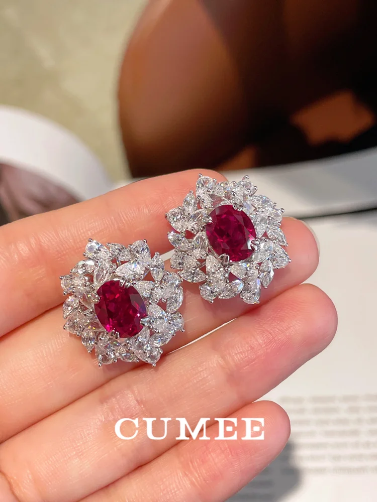 Cumee-キュービックジルコニアのイヤリング,デザイナーの栽培,ピジョンブラッドレッドの宝石,金メッキ,925シルバー