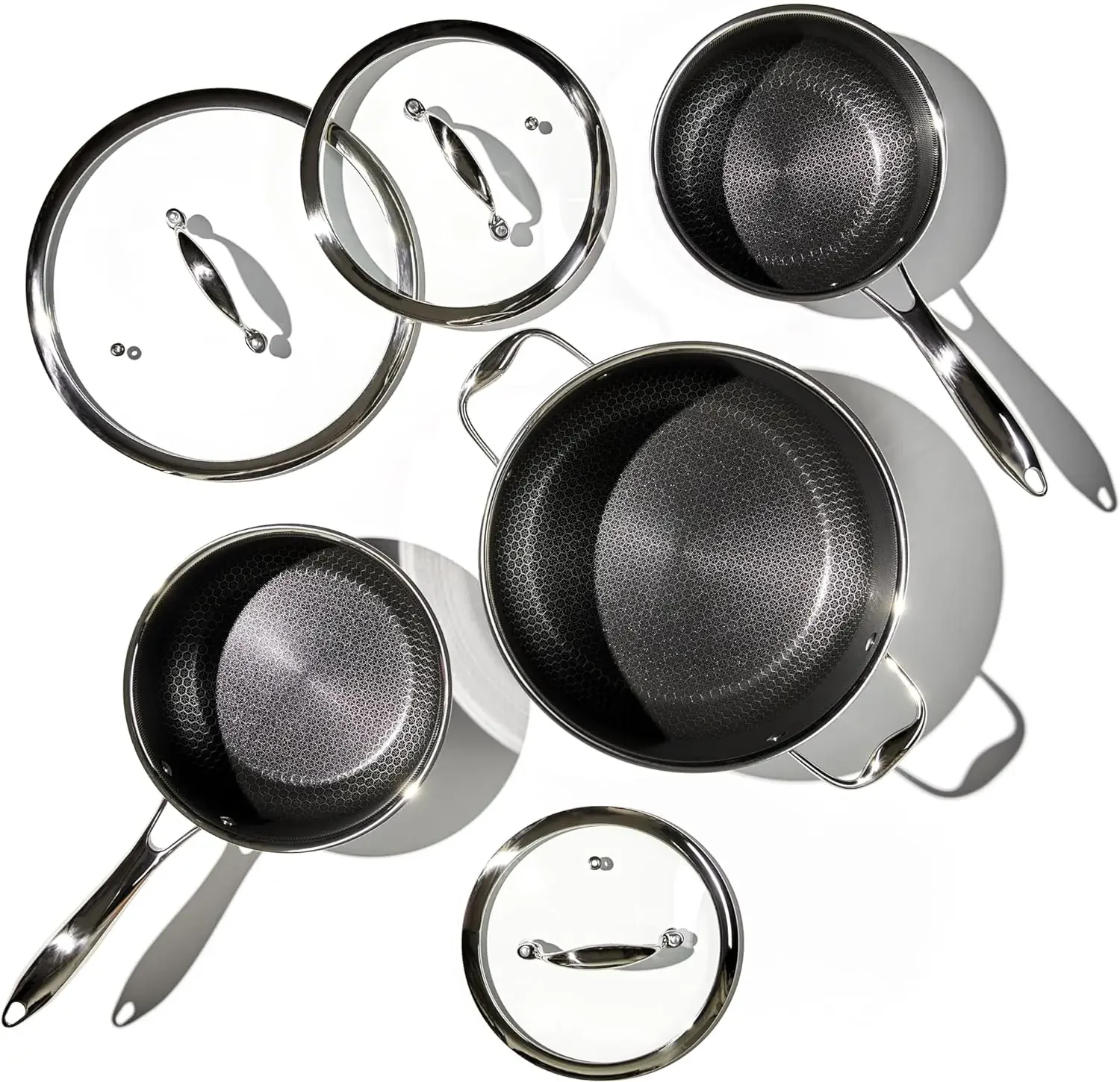 HexClad Hybrid Nonstick 6-Piece Pot Set with Trivets, 2, 3,and 8-Quart Pots with Tempered Glass Lids,2 Silicone Trivets Included