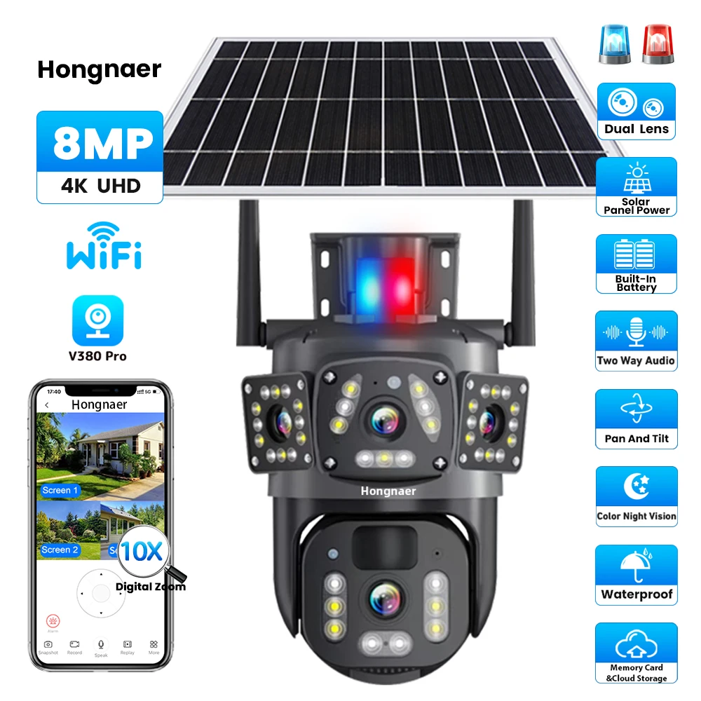 Hongnaer 8MP 4K V380 Pro 2 Lens Wireless Solar Panel Powered IP PTZ Home Outdoor Security WiFi CCTV Solar Camera