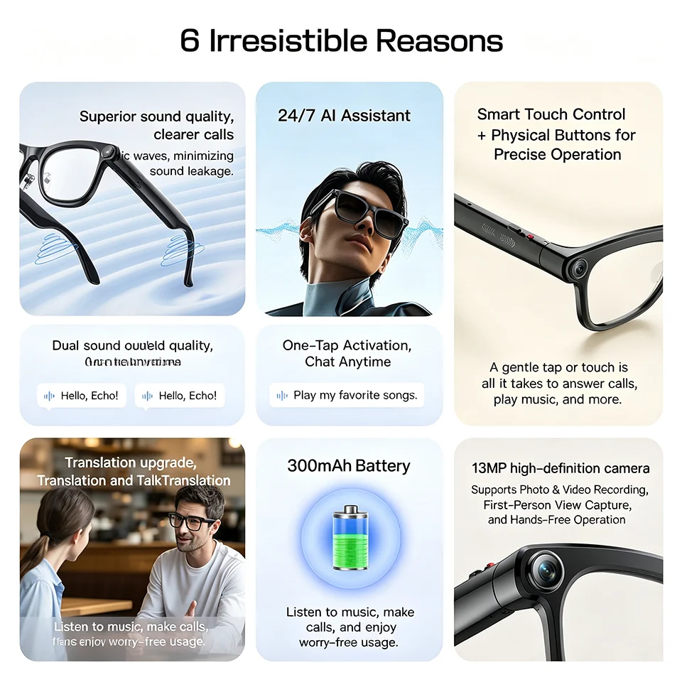 New 2026 Camera AI Smart Glasses Touch Control Photo Recording Translator Voice Assistant Music Wireless Bluetooth Sunglasses