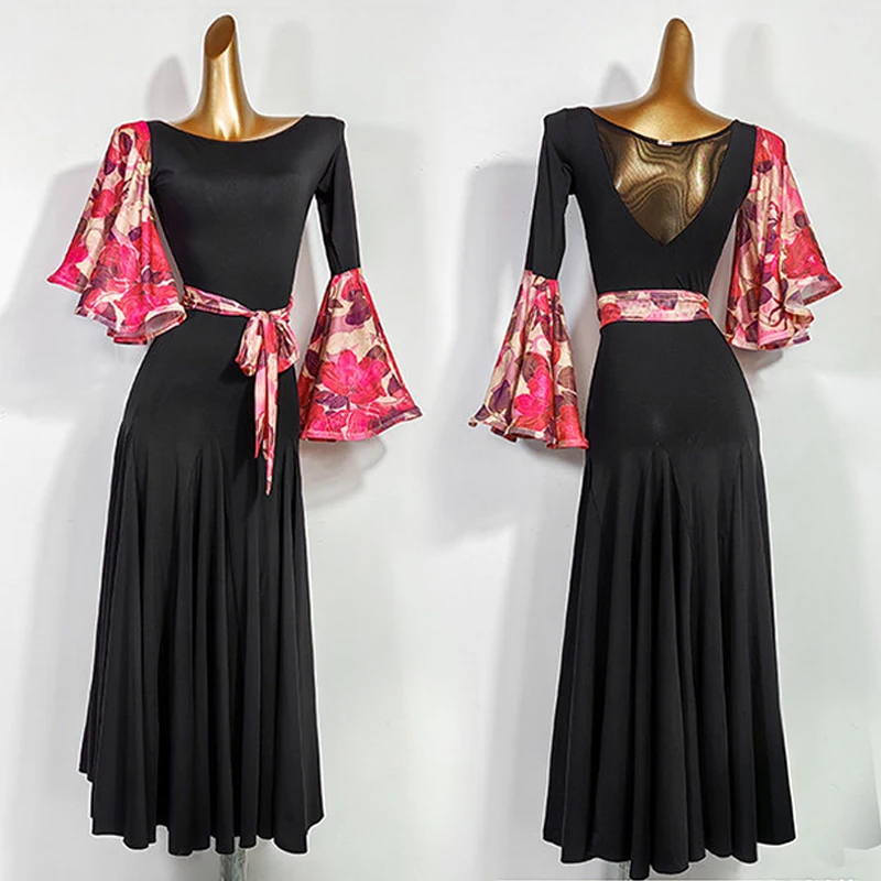 Women Standard Ballroom Dance Dress Black Flared Sleeve Dress Adult Waltz Modern Dance Performance Clothes Practice Wear VDL5972