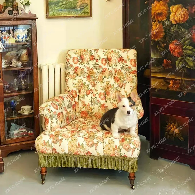 

Lliving room printing retro high-back single sofa chair pastoral style floral fabric balcony