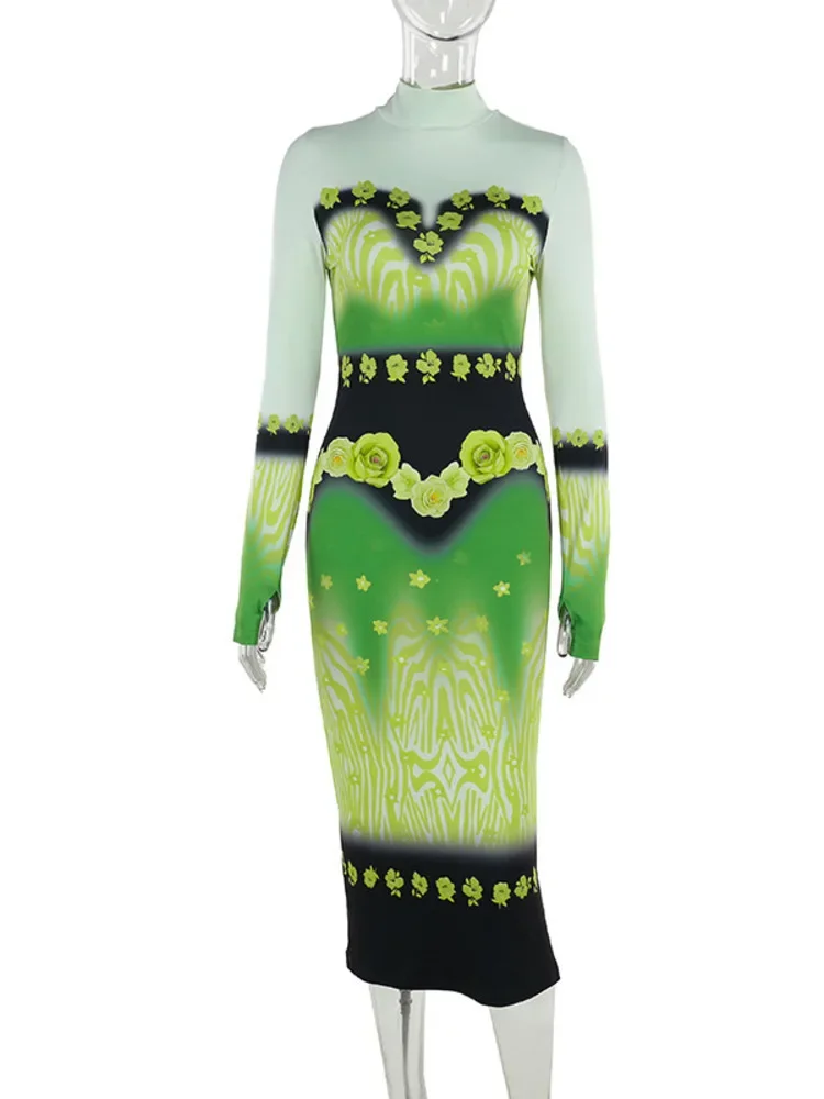 Sexy Long Sleeve Print Patchwork Half High Collar Green Flower Maxi Dress For Women High Waist Elegant Ladies Outfits