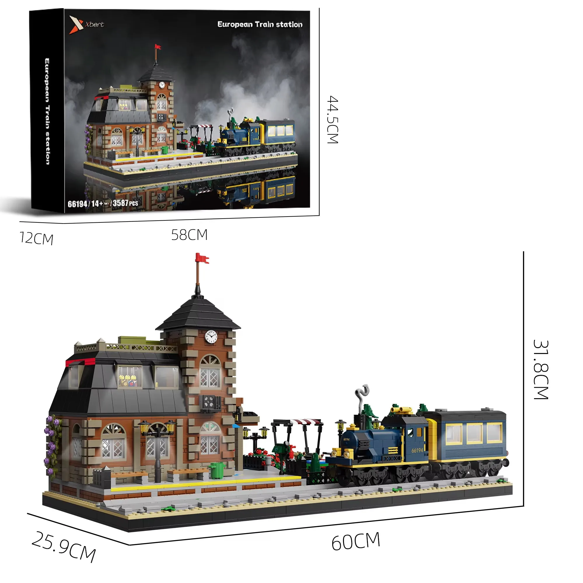 3587PCS Town Train Station Building Block Steam Locomotive Railway Scene European Streetview Model Bricks Desktop Ornament Toys
