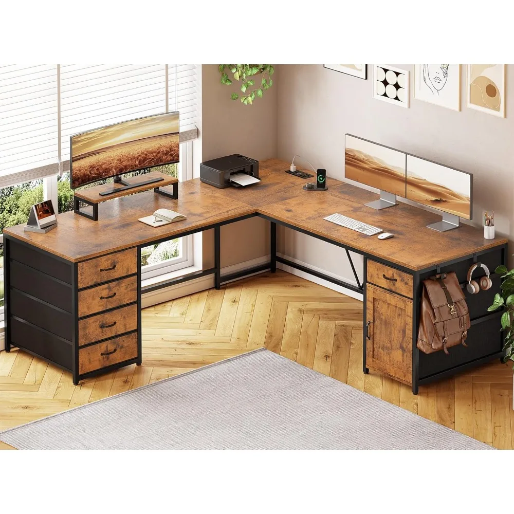 

L-shaped office desk, 63 computer desk with 5 drawers and power sockets, long home desk or corner desk, L-shaped corner desk