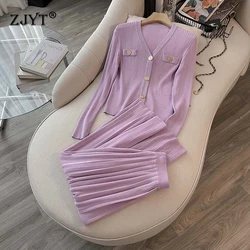 ZJYT Autumn Winter Knitted Dress Sets 2 Pieces Womens Outfits Fashion Long Sleeve V Neck Cardigan Sweater and Pleated Skirt Suit