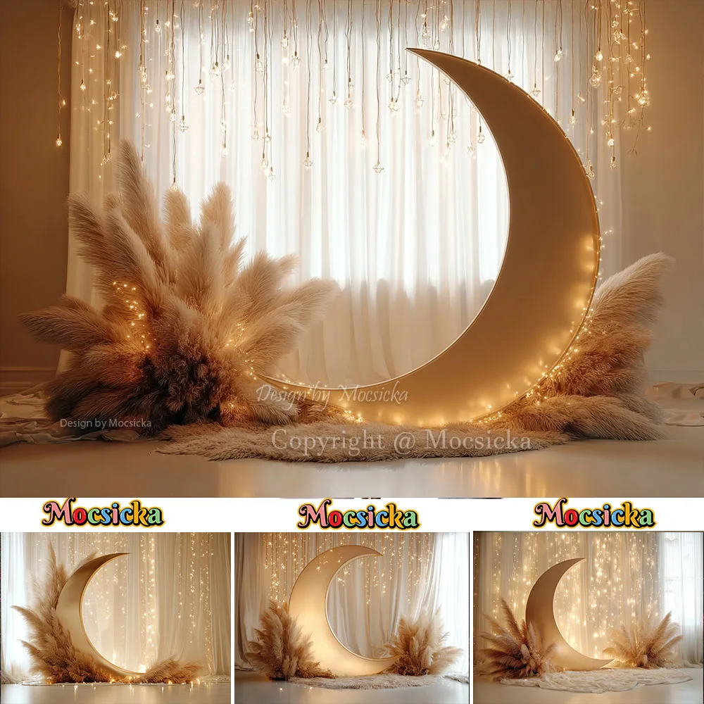 Mocsicka Maternity Art Portrait Background Photography Boho Golden Moon White Curtain Backdrop Newborn Baby Show Photo Studio