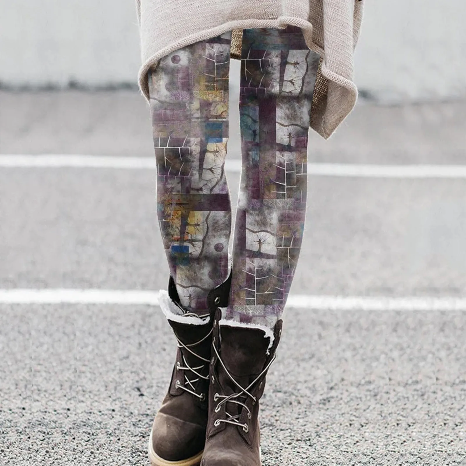 Women'S Spring And Autumn Vintage Graffiti Printed Leggings, Tight-Fitting Boot Pants, Casual Personality Fashion Tights