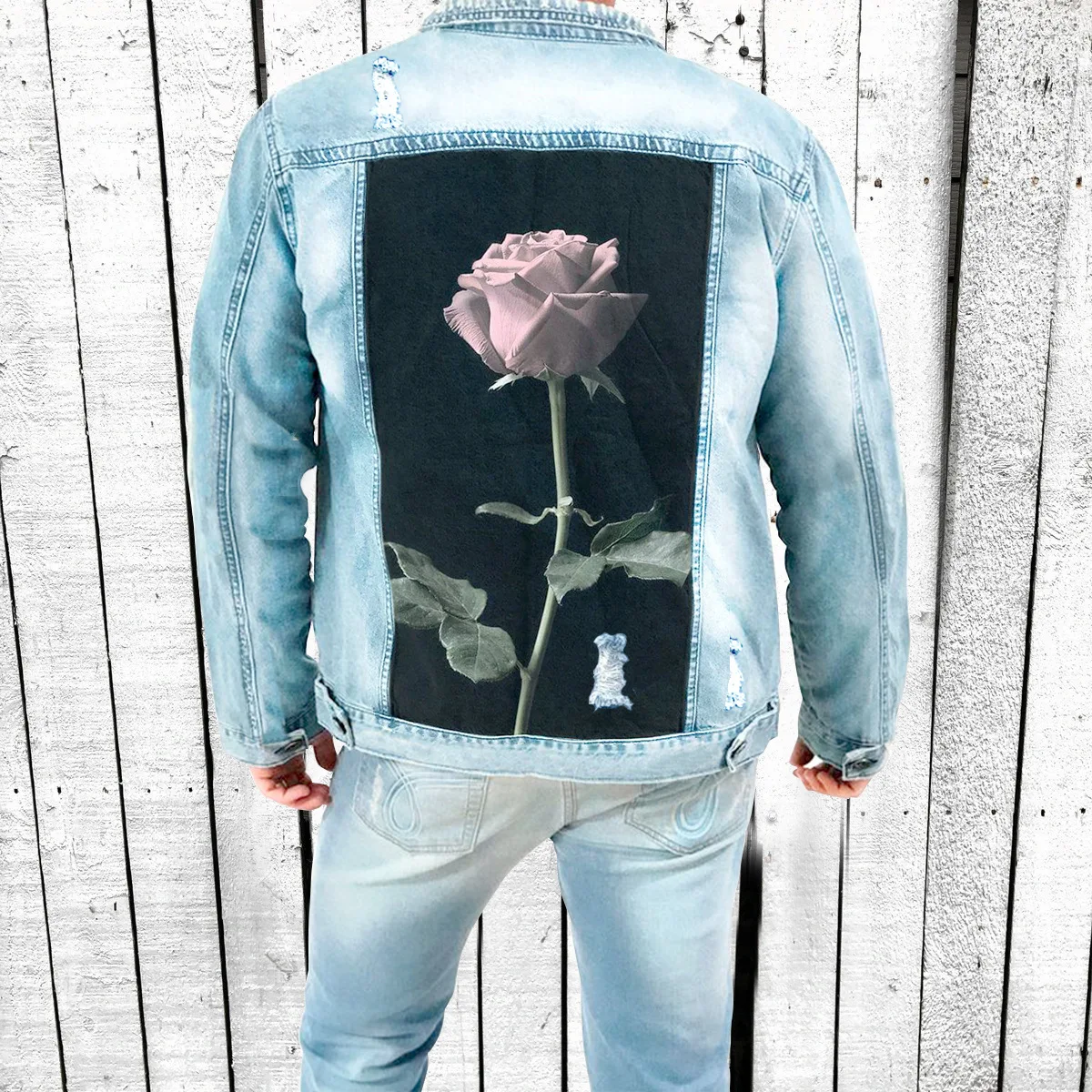 

New Stylemen's Denim Jacketmen's 2024 New Coat Winter Casual Lapel Ripped Rose Flower Personality Printed Denim Jacket Male