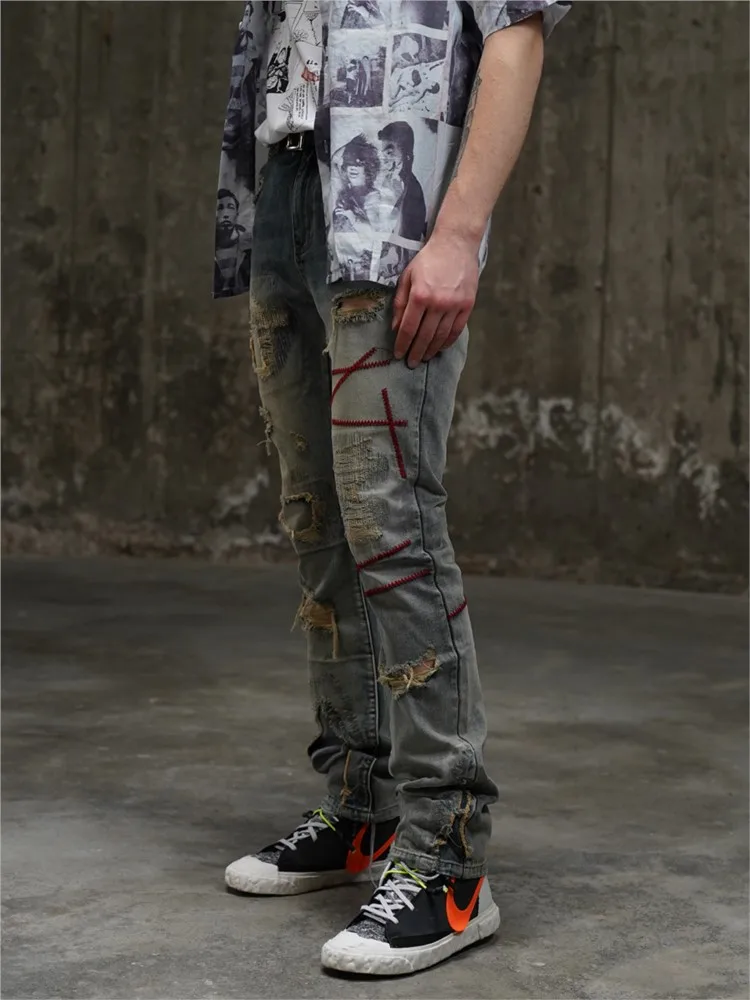 Vintage Wash Ripped Wasteland Style Embroidery Straight Leg Jeans For Men And Women