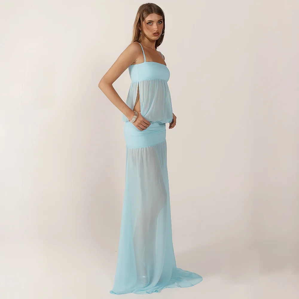 Sukienka maxi na ramiączkach spaghetti z siateczkowymi wstawkami, seksowna, z wycięciami na plecach, dopasowana, w kształcie litery A, długa, idealna na imprezę.