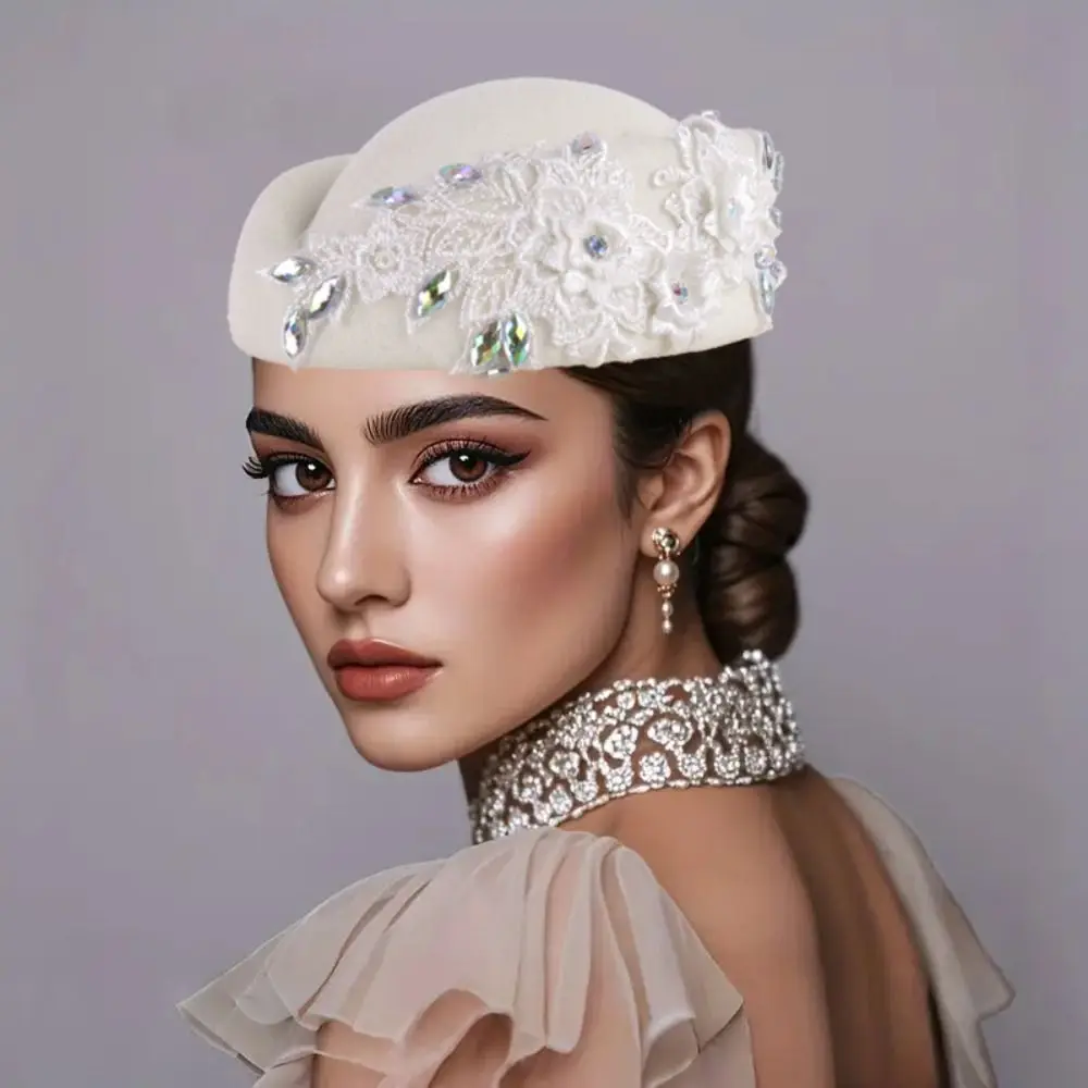 

Charm Vintage Topper Hat Rhinestone Flower Pillbox Hat Lace Solid Color Airline Stewardess Caps Performances