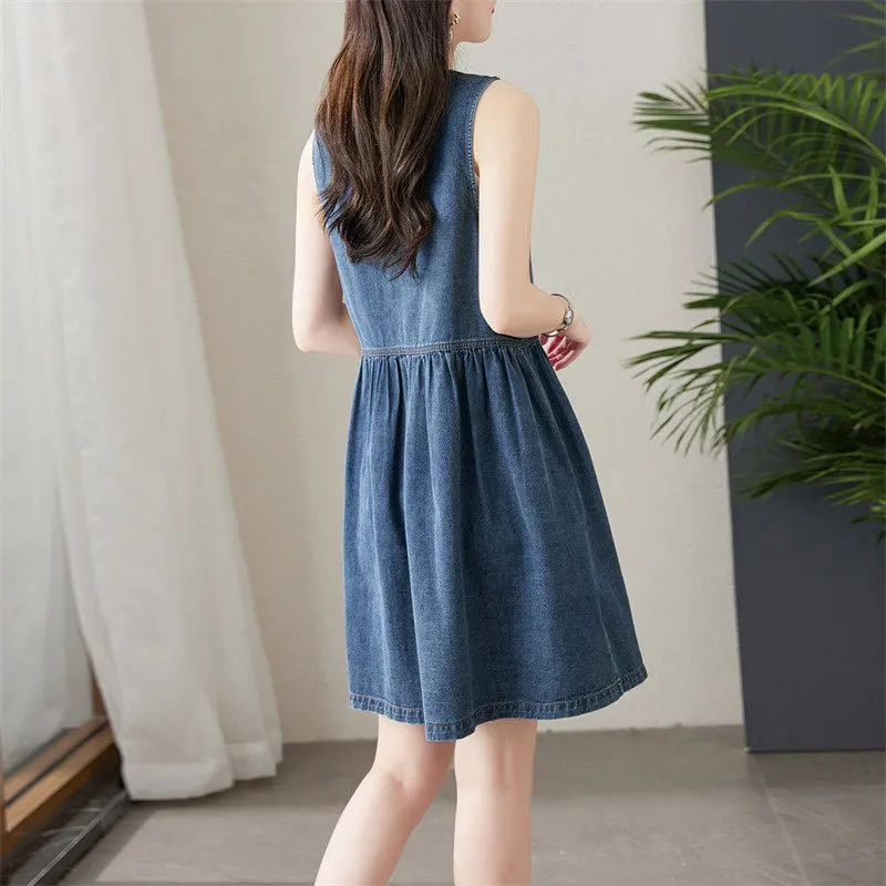 Women High Waist Retro Denim Dress V-neck Sleeveless Tank Korean Style Sweet Fashion A-Line Female Elegant Single Breasted Vesti