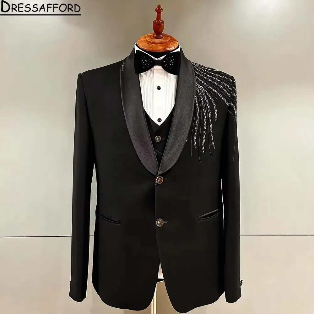 

Black Crystal Beading Groom Wedding Tuxedos 2 Pieces Formal Suits Men Custom Made Black Prom Blazer Sets Male Fashion