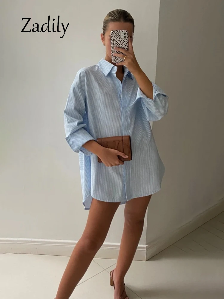 Zadily 2024 Summer Loose Long Sleeve Women Cotton Striped Basic Shirt Office Lady Button Up Clothing Minimalist Blouses