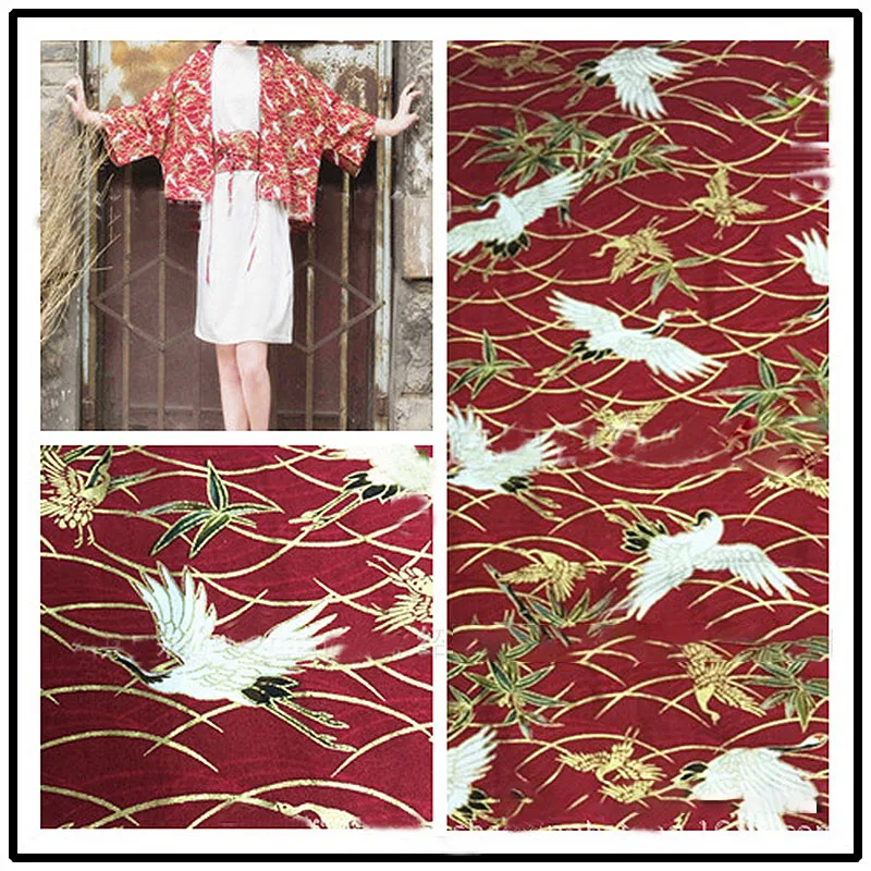 100*148cm Japanese style Crane Printed Fabric Poplin Bronzing Crane Cloud Fabric For DIY Sewing Patchwork Kimono Cheongsam