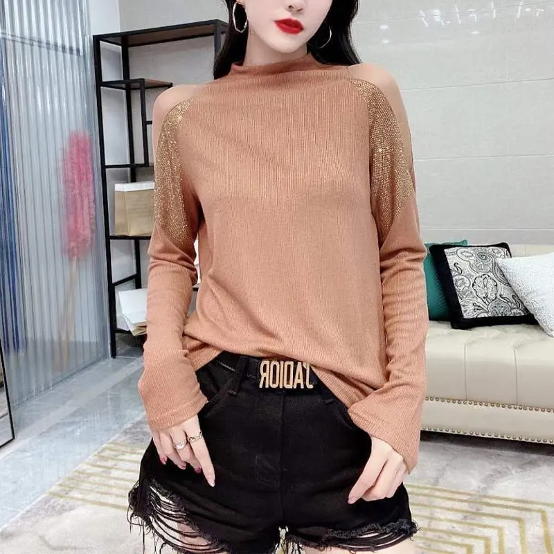 Fashion Gauze Spliced Diamonds T-shirt Women\'s Clothing Basic Solid Color Korean Autumn Winter Casual Half High Collar Pullovers