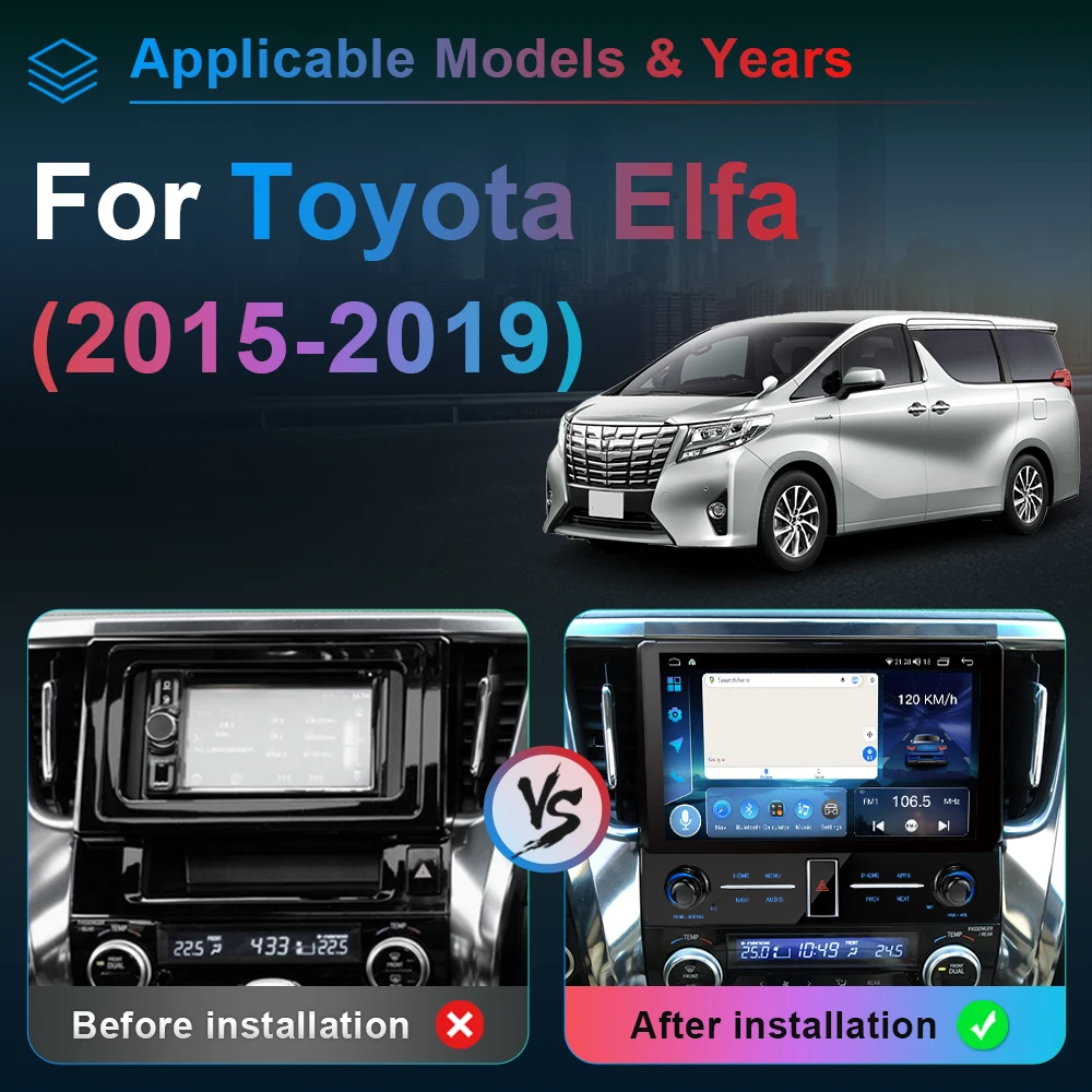 For Toyota Elfa 2015-2019 Dedicated Android Car GPS Wireless CarPlay Video Player Navigation 4G WiFi BT 5.0 System2Din