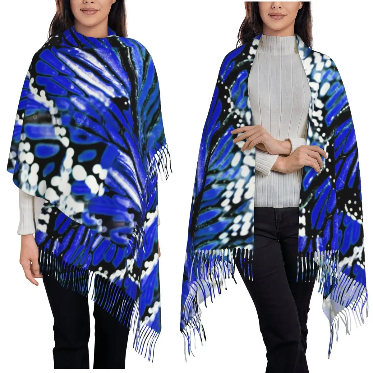 

Синий шарф-бабочка с монархом, шарфы с кисточками для женщин, мягкие теплые шали и накидки, длинная осенне-зимняя шаль