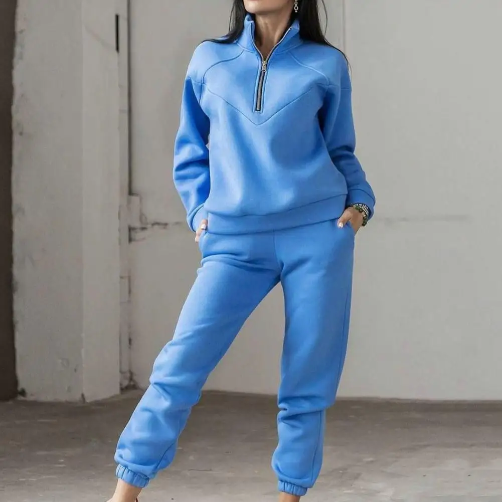 2 Pcs/Set Fall Sweatshirt Pants Set Loose Warm Stand Collar Elastic Waist Lady Autumn Tracksuit for Daily Wear