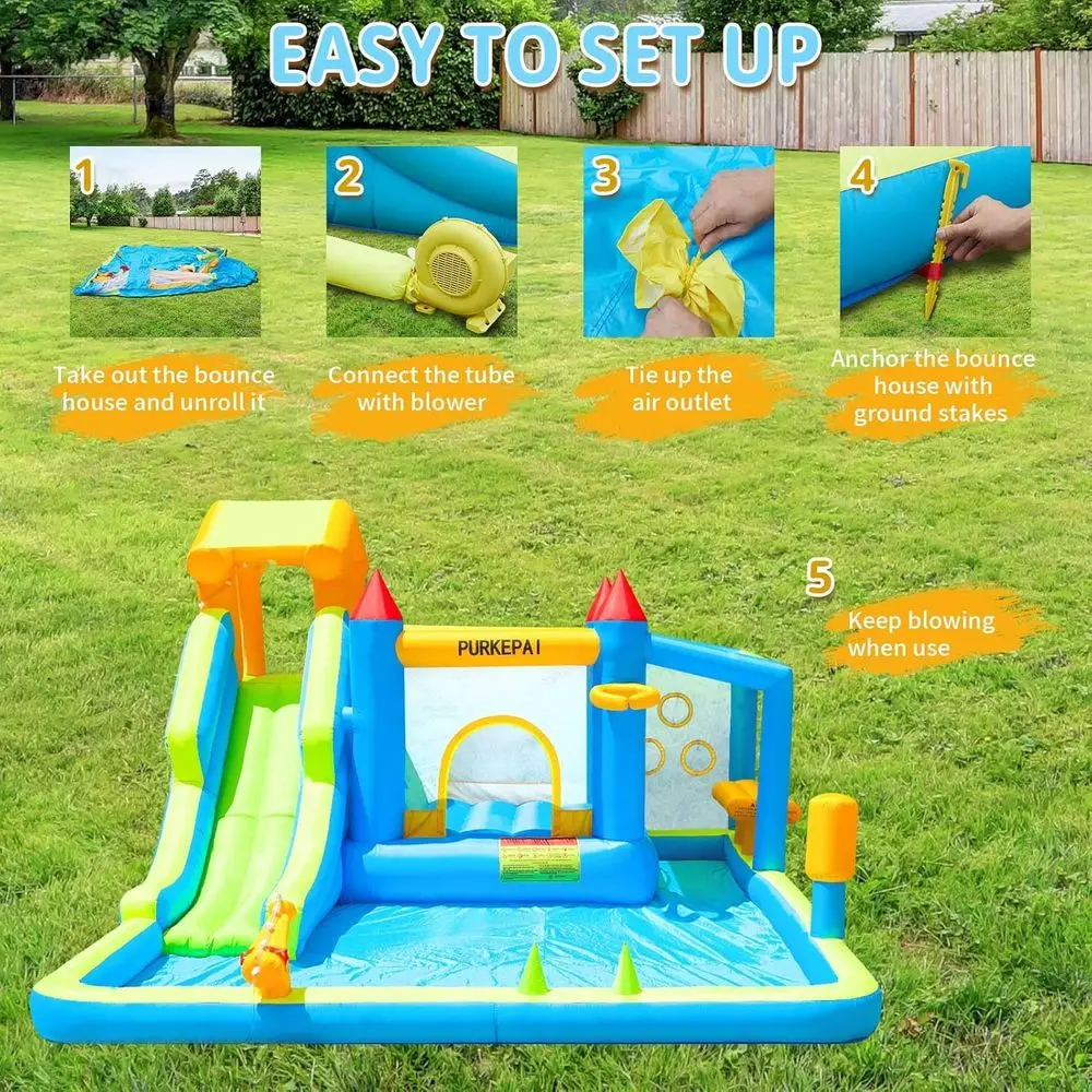 منزل Iatable Bounce للأطفال مع حامل سوق الألعاب، حامل سبلاش لحمام السباحة، جدار التسلق، مسدس الماء، كرة السهام، الترامبولين، بو