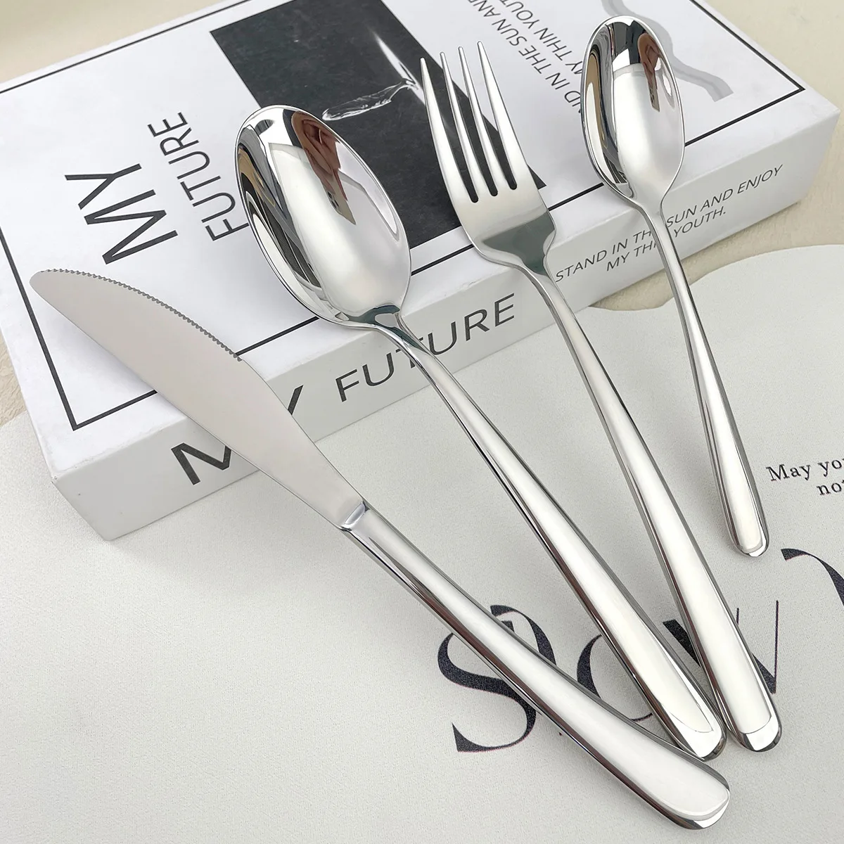 304 stainless steel tableware restaurant household knife, fork and spoon high appearance level simple light luxury tableware set