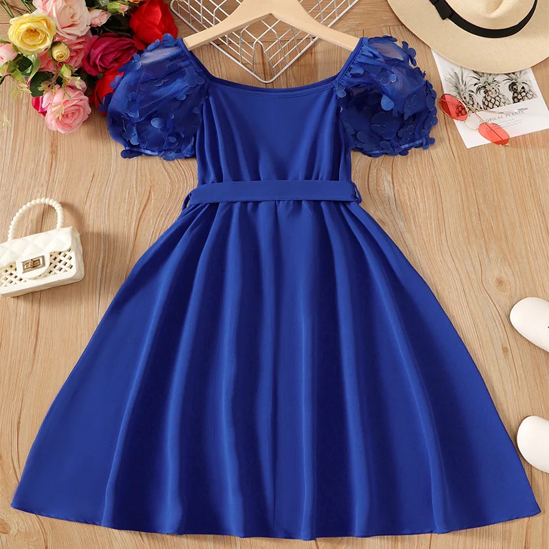 Summer Cute Girl Mesh Sleeves Round Neck Princess Dress Children\'s Wedding Birthday Party Girl Detachable Belt Blue Fluffy Dress