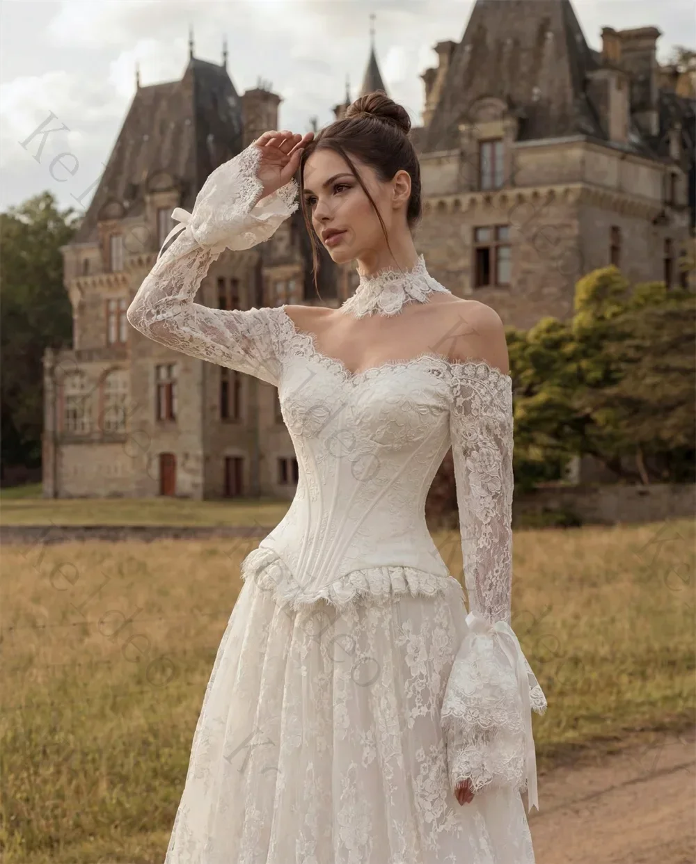 Customized Sweetheart A-line Long Bell Sleeve Wedding Dresses Off The Shoulder Lace Applique Open Back Floor Length Bridal Gowns