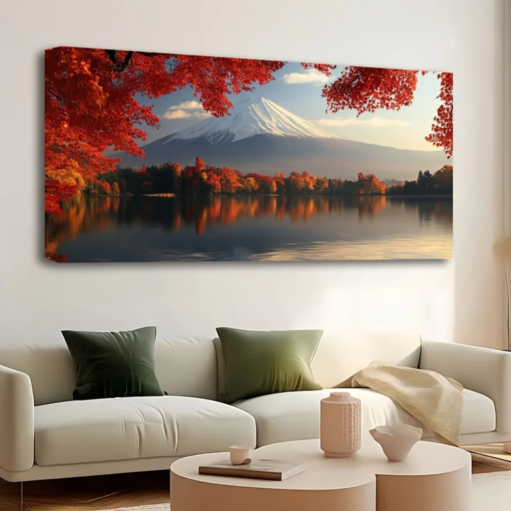 1.5 inch thick pine solid wood frame, canvas printed with Mount Fuji and Kawaguchi morning fog, wall art, living room, bedroom