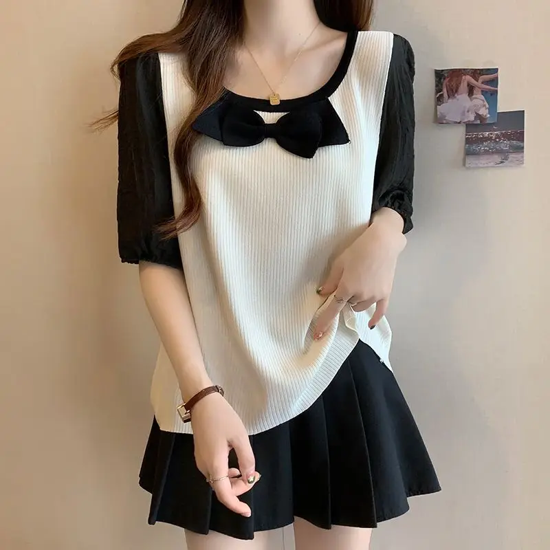 

Fashion Square Collar Spliced Bow Fake Two Pieces T-Shirt Female Clothing 2024 Summer New Loose All-match Tops Sweet Tee Shirt