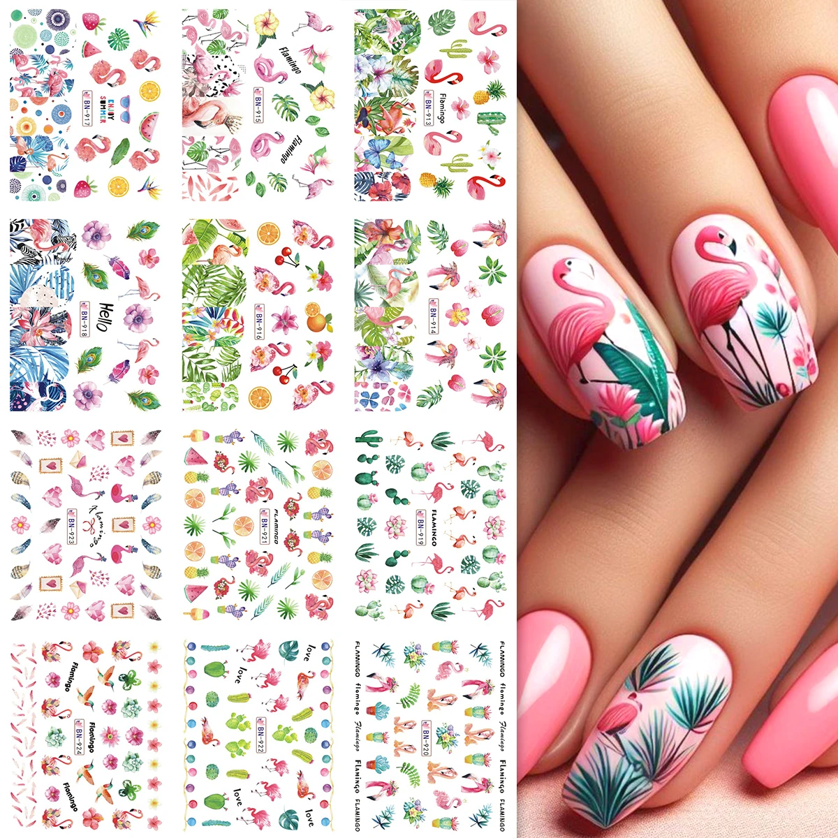 12 wzorów romantycznych różowych naklejek na paznokcie z flamingami, liśćmi palm, arbuzami i kwiatowymi motywami, samoprzylepne naklejki do samodzielnego manicure i zdobienia paznokci.