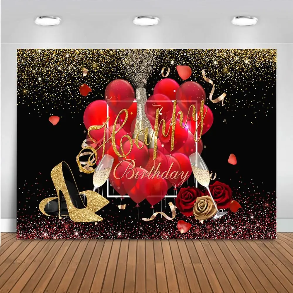 خلفية عيد ميلاد سعيد للنساء بالون أحمر ذهبي بكعب عالٍ خلفية شامبانيا روز امرأة حفلة عيد ميلاد راية ديكور
