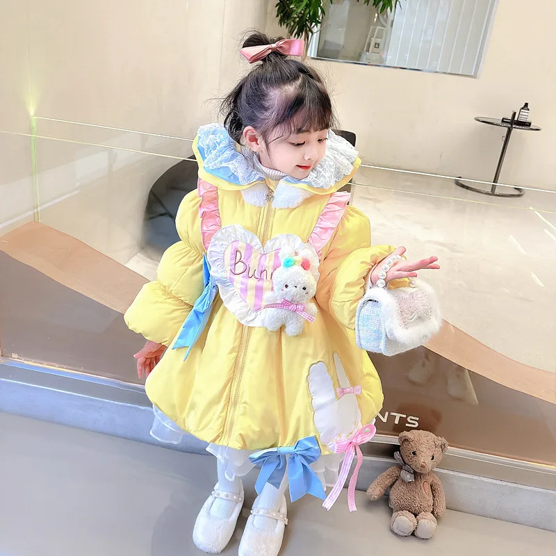 Down and cotton jacket, winter new style, girls' western-style mesh princess jacket