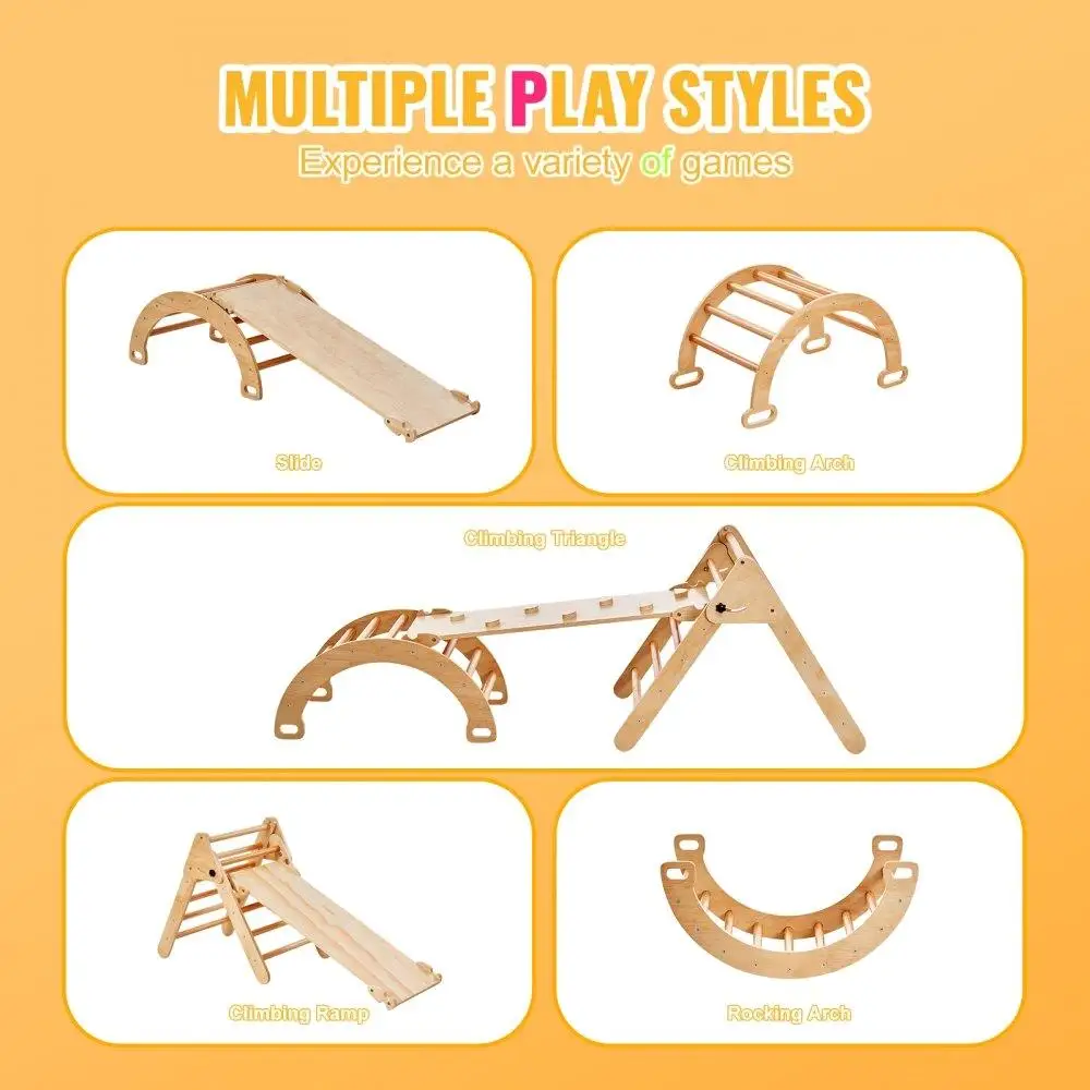 나무 피클러 삼각형 클라이밍 세트 (1~3세 유아용) 실내 놀이터 5 in 1 경사로 아치 몬테소리 체육관 자연색