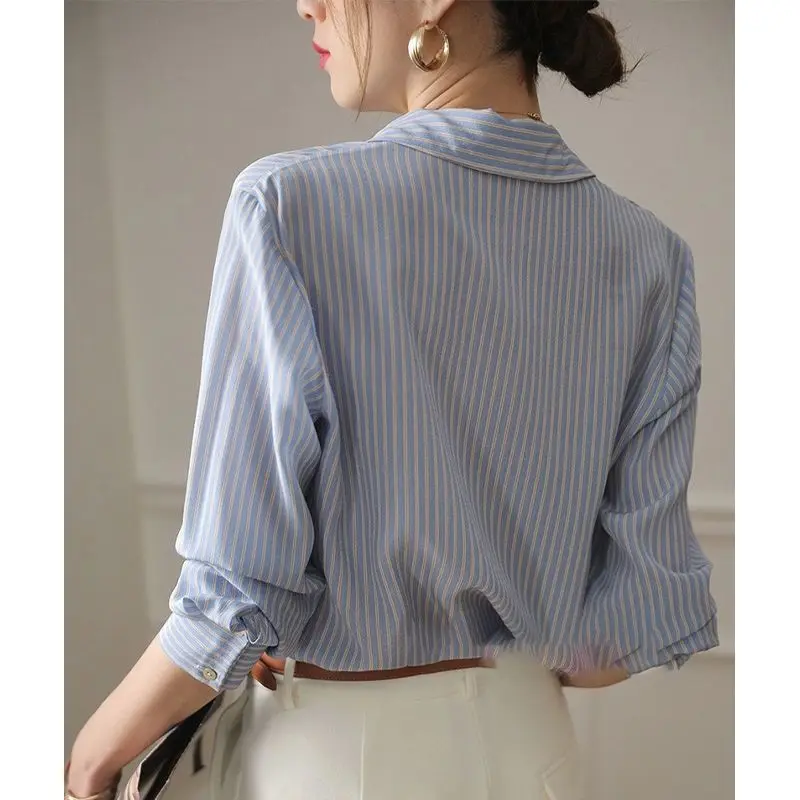 Korean Style Office Lady Blue Striped 2022 Spring Summer Fashion All-match Blouse Long Sleeve Turndown Collar Loose Casual Shirt