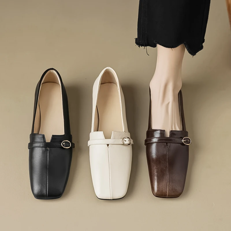 Lente Nieuwe Vierkante Neus Dames Loafers Schoenen Metalen Gesp Versierde Lage Hakken Schoenen Dames Lederen Ondiepe Woon-Werkverkeer Dagelijkse Schoenen