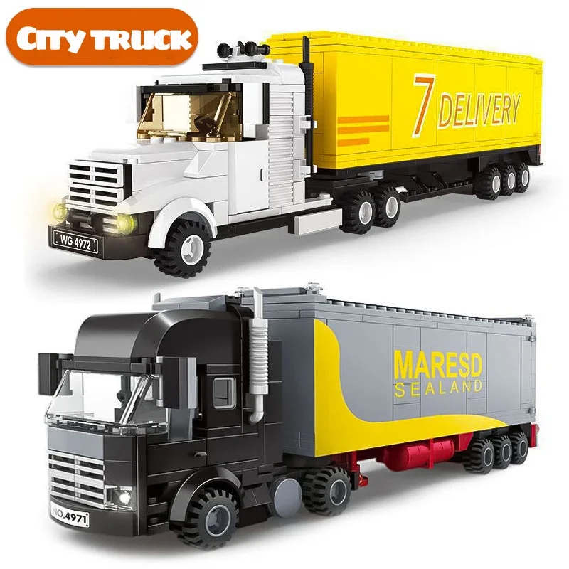 Boys building blocks assembled city container transport car bus yellow big truck truck toys children develop intellectual gifts