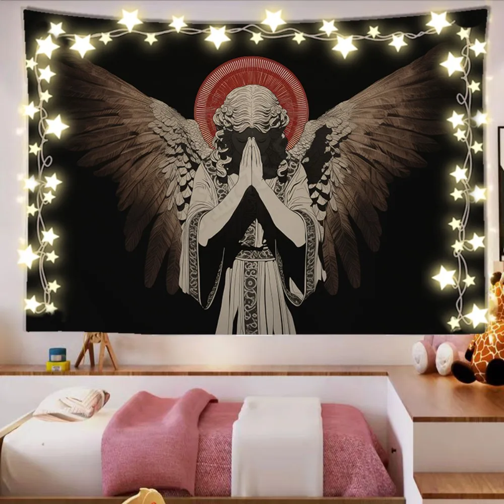 VIKAMA Retro-Engel-Wandteppich, schwarz und rot, Farbblock, Wanddekoration, Schlafzimmer, Wohnzimmer, Schlafsaal, Wandteppich im Instagram-Stil